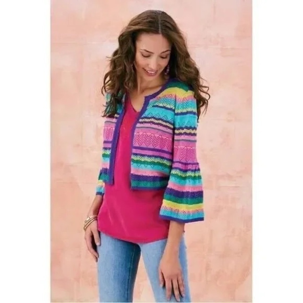New Soft Surroundings Monteverde Stripe Cardigan Sweater Rainbow Silk 2X Pointel